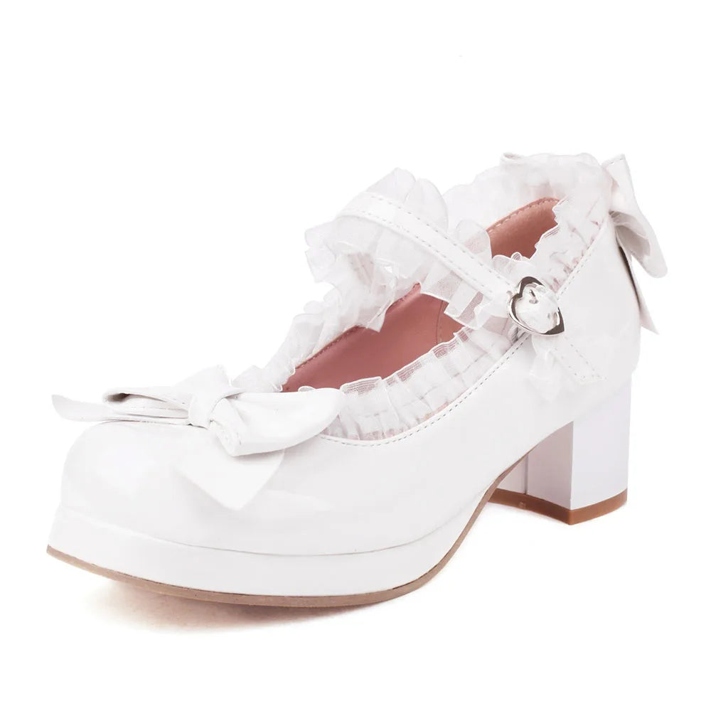 2025 Plus Size 30-48 Women's Candy Colors Mary Janes Pumps Bow Tie Ruffles Black Pink Platform Sweet Block Heels Lolita Shoes