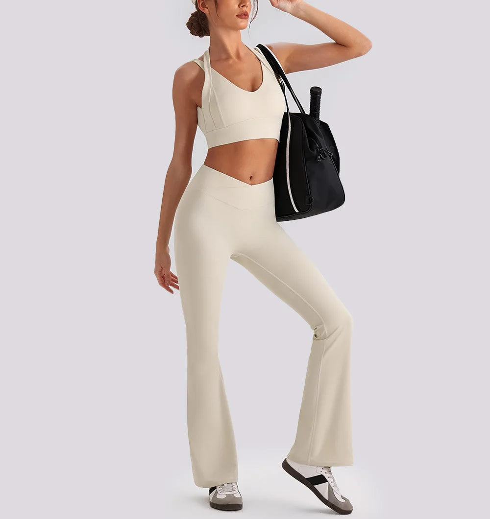 Women's Yoga Exercise Sets Women Backless Sports Tank Top V Shape High Waist Wide Leg Pants Fitness Gym Running Workout Clothes