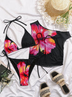Vintage Black Floral Print Bikini Set 2026 Women Short Sleeve Cover Up 3 Piece Swimsuit Holiday Bathing Suit Triangle Swimwear