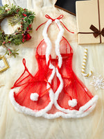 Red Sexy Sleepwear Cloak-style Nightgown And Thong Set With Plush Edge Cute Transparent Christmas Valentine's Day Gift Hatler