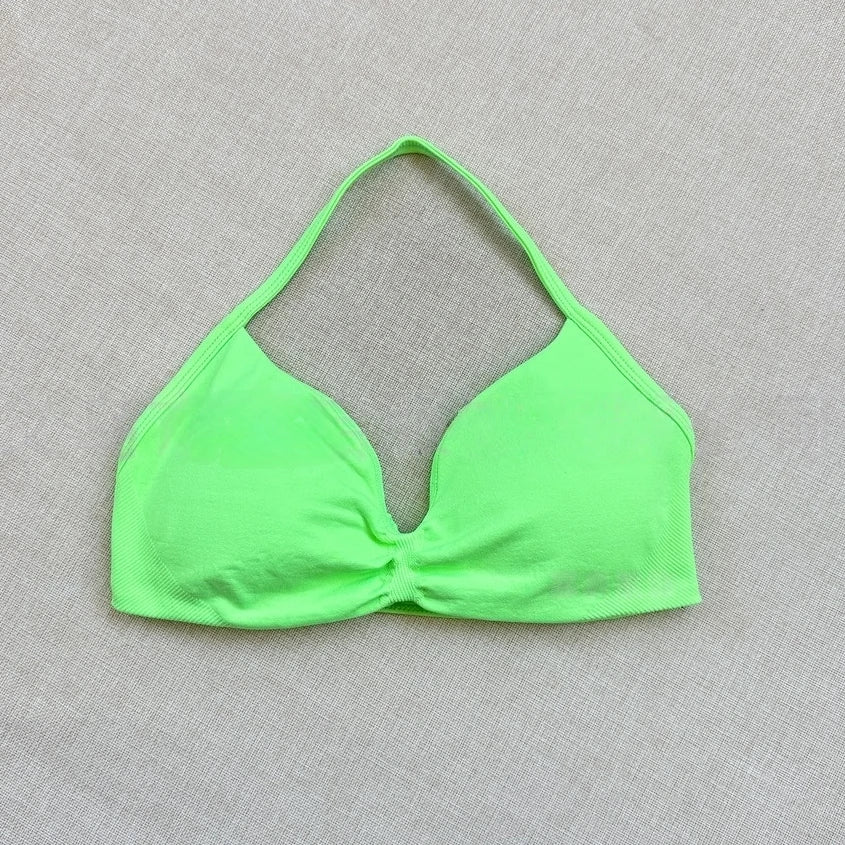 Women Seamless Impact Strappy Bra Removable Pads High Elastic Quick Dry Breathable Halter Neck Sports Top Yoga