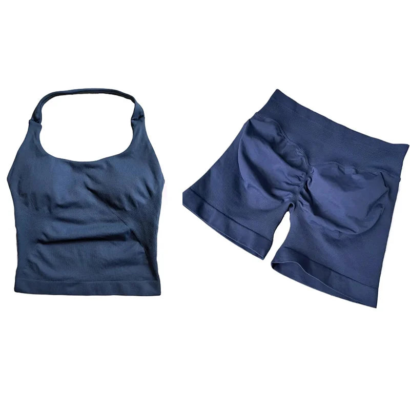 Yoga Sets Women Gym Clothes Longline Strappy Top High Waist Shorts Activewear 2 Piece Set Fitness Suit Running Workout Suits