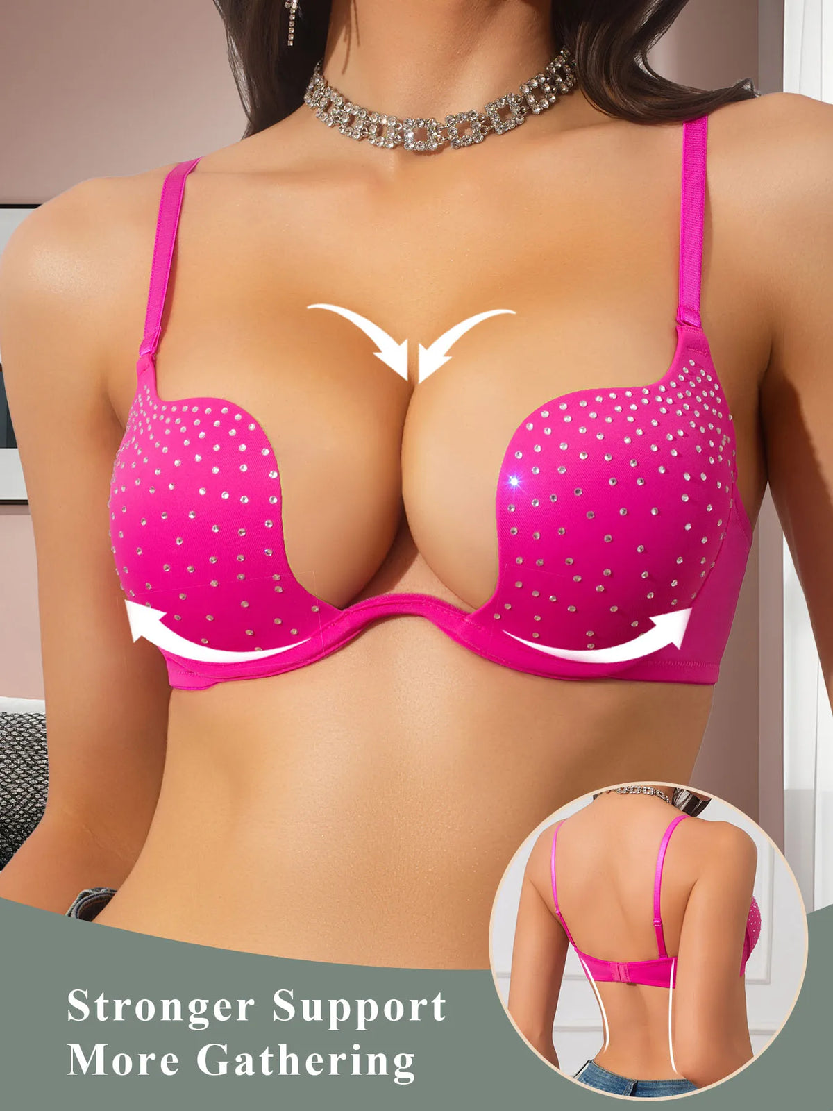 Invisible Backless Lingerie, Sexy Thin Top-Thick Bottom Padded U-Shaped Bra, Anti-Sagging, Beautiful Back, Deep V, Sexy Rhinestone Bra