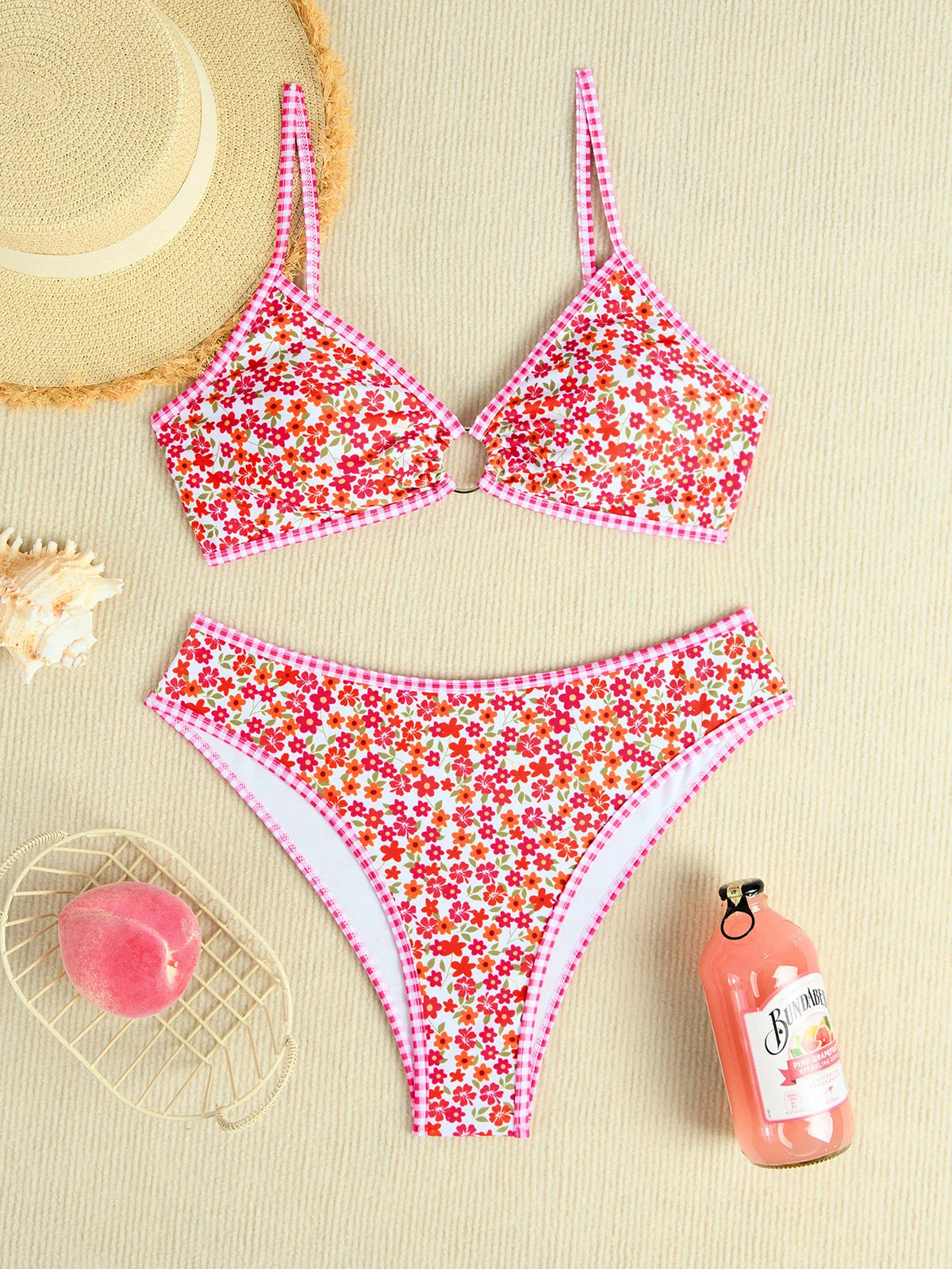 Rose Red Flower Print Bikini Set Women 2026 Summer New High Waist 2 Piece Swimsuit V-neck Bra Push Suspender Backless Swimwear