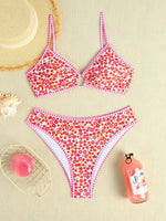 Rose Red Flower Print Bikini Set Women 2026 Summer New High Waist 2 Piece Swimsuit V-neck Bra Push Suspender Backless Swimwear