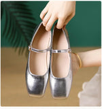 2025 Elegant Woman Square Toe Lolita Lady Barefoot Boat Gold Flats Elegant Soft Sole Ballerina Party Mary Jane Shoes