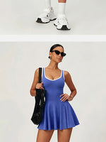Naked Breathable Tennis Dresses with Built-in Pocket Shorts Women Color Contrast Hollow Out Backless Sports Golf Pleate Dress