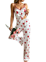 Autumn New Women Pajama Set Heart Print Spaghetti Strap Cami Top and Pants 2 Piece Sleepwear Ladies Home Loungewear