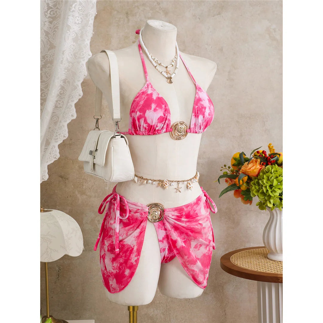 3PCS New With Skirt Tie Dye Halter Bikini Women Swimwear Female Swimsuit Bather Bathing Suit Swim Three-pieces Bikini set K8069