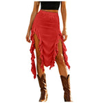 Women Western Boho Midi Skirt High Waist Ruffled Asymmetrical Hem Slit Flowy Summer Skirts Casual Cowgirl Style Streetwear Y2k