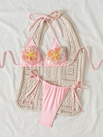 sexy 3d sequine flower pink bikinis sets two pieces swimsuits halter tie thong Swimwear Biquini conjunto de bikini tankini