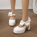Plus Size Women's Bow Mary Janes Platform Chunky Heels Ankle Strap High Heel Pumps Sweet Lolita Party Dress Shoes