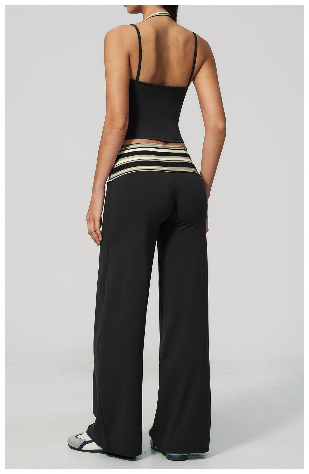 Women's 2 Piece Yoga Set Halter Neck Crop Top Fold Over Waist Wide Legged Flare Trousers Polka Dot Striped Gym Workout Running