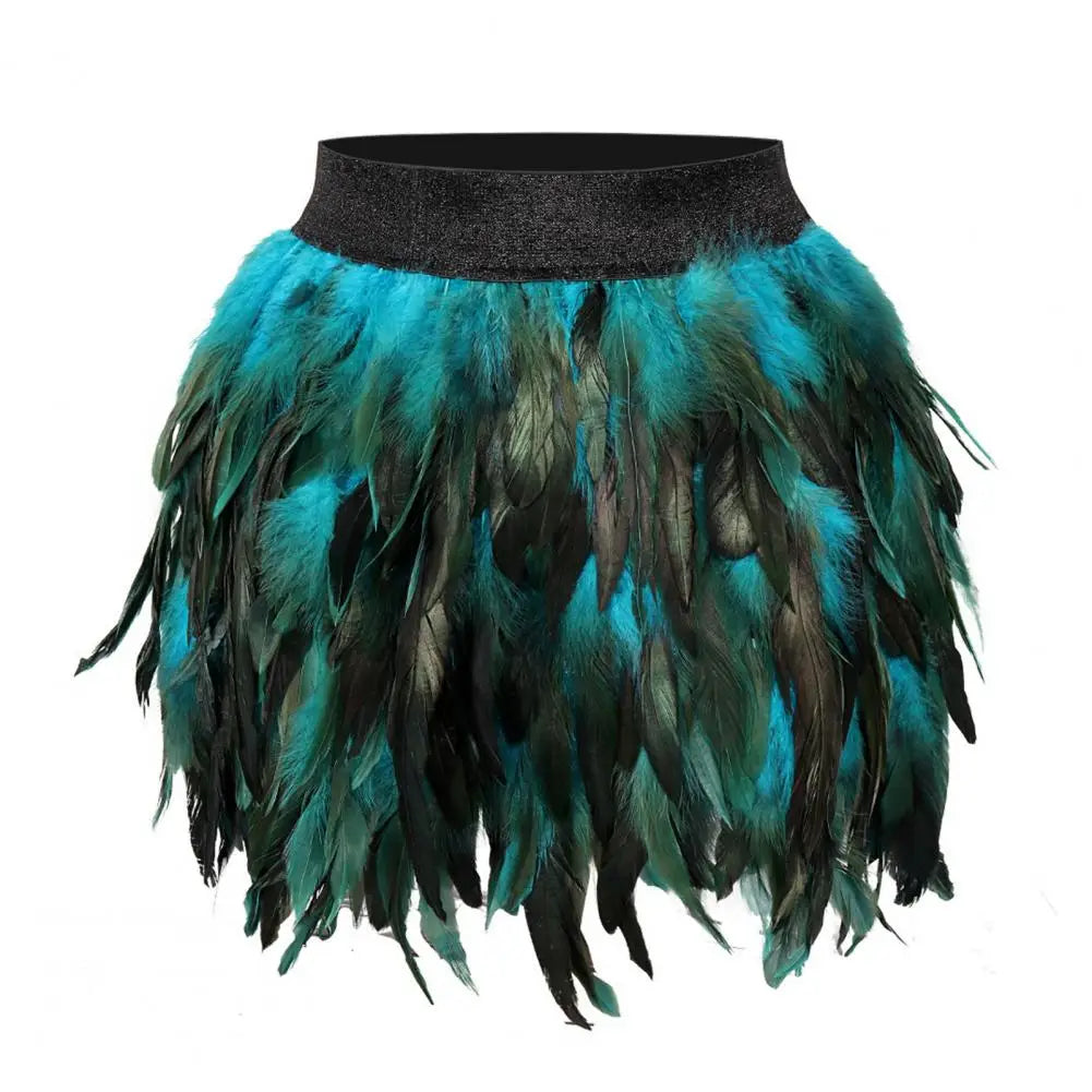 Womens Faux Feather Mini Skirt Elastic Mid Waist A-line Skirt Ladies Mardi Gras Outfit Festivals Carnival Dance Party Supplies