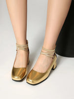 Metallic Silver Gold Women Mary Jane Pumps Square Toe Block Heel Crisscross Ankle Strap Back Zipper Elegant Party Dress Heels