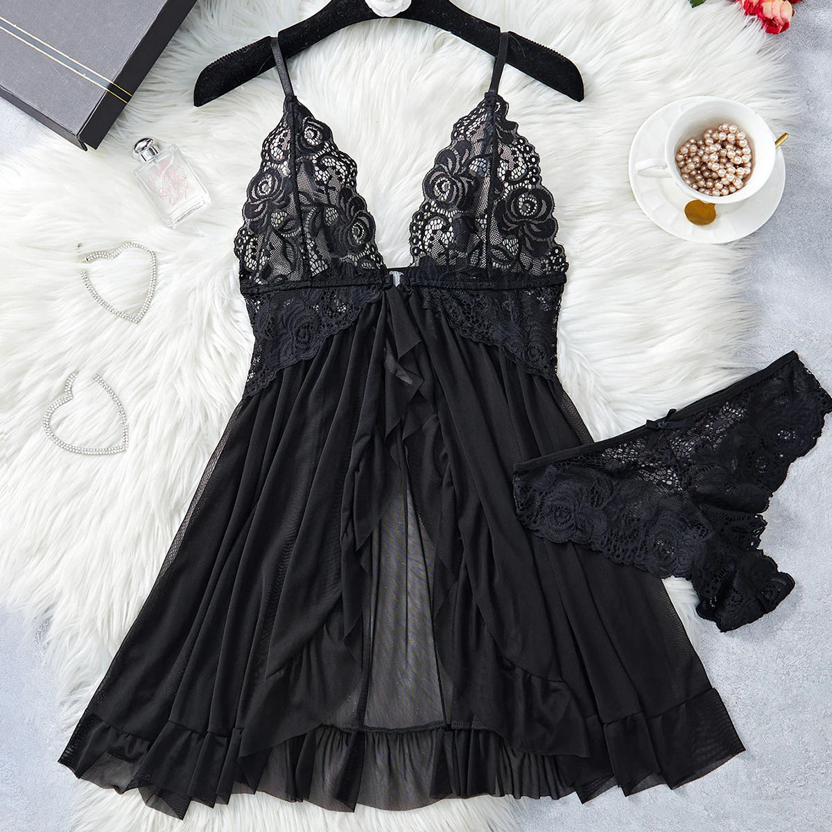 Transparent Blue Sexy Lingerie Women Underwear See Through Sleepwear Lace Nightdress And Panties Pijamas Set Adult Female Nighty