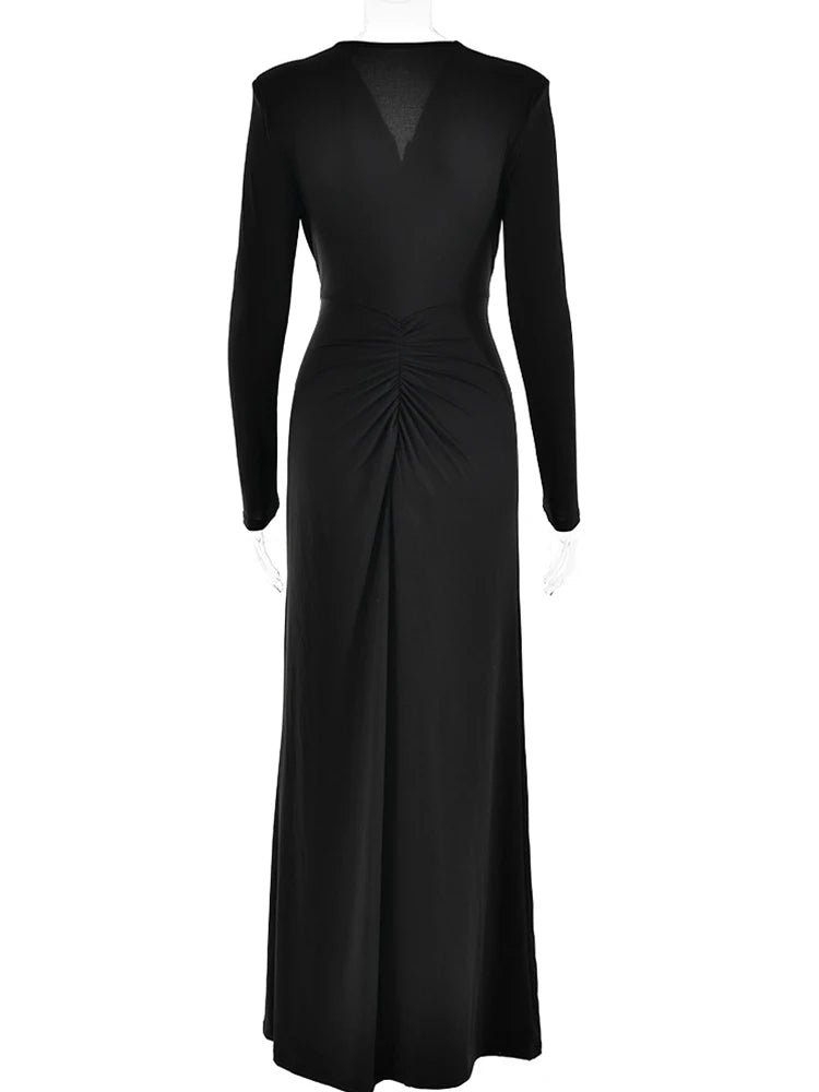 Ahagaga Fashion Sexy Elegant Maxi Dresses Streetwear V-neck Casual Solid High Split Long Sleeve Slim Sheath Party Women Vestidos