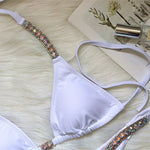 4 Colors Sexy Bikini Women Solid Luxe Rhinestone Bandage Halter Swimwear Swimsuit Female Bikinis Set Bathing Suit Beach Thong