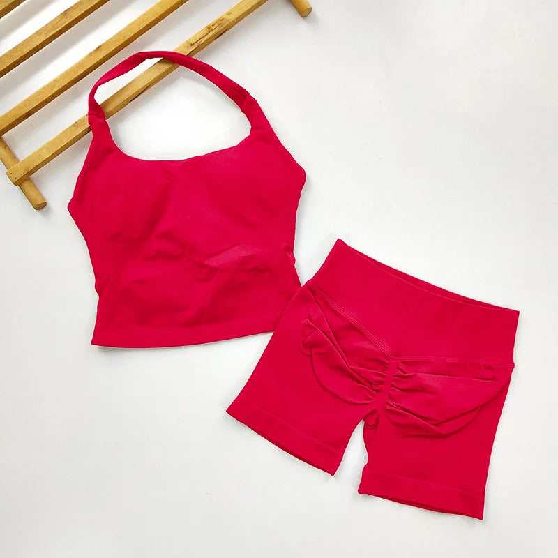 Yoga 2 Pieces Gym Set Women Backless Halter Tops High Waist Seamless Shorts Gym Suit Fitness Sports Bras Sportswear Workout Sets