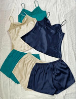 Large size pajamas, camisole shorts set, fashionable ice silk home clothes, women's simple simulated silk pajamas