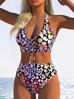 Sexy Pink Leopard Print Gradient Bikini Set Women Drawstring V Neck Push Up High Waist Swimsuit 2026 Beach Bathing Suit Swimwear