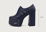 Plus Size Double Row Small Buckle Side Zipper Square Toe Double Layer Platform High Thick Heel Women's Pumps Shallow High Heels