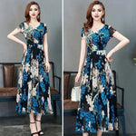 Summer Women Dress Floral Print A-line Big Hem High Waist Short Sleeves Round Neck Pleated Mid-calf Length Party Commute Dress