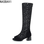 Fashion Women Knee High Boots Square Heel Zipper Sexy Lace Mesh Boots Spring Cool Boots Breathable Women's Shoes Botas De Mujer