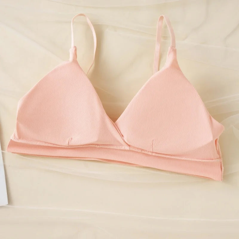 Women Ribbed Triangle Bra And Panties Set Wireless V Neck Thin Strap Bra Low Waist Briefs Ladies Removable Pads Lingerie Set