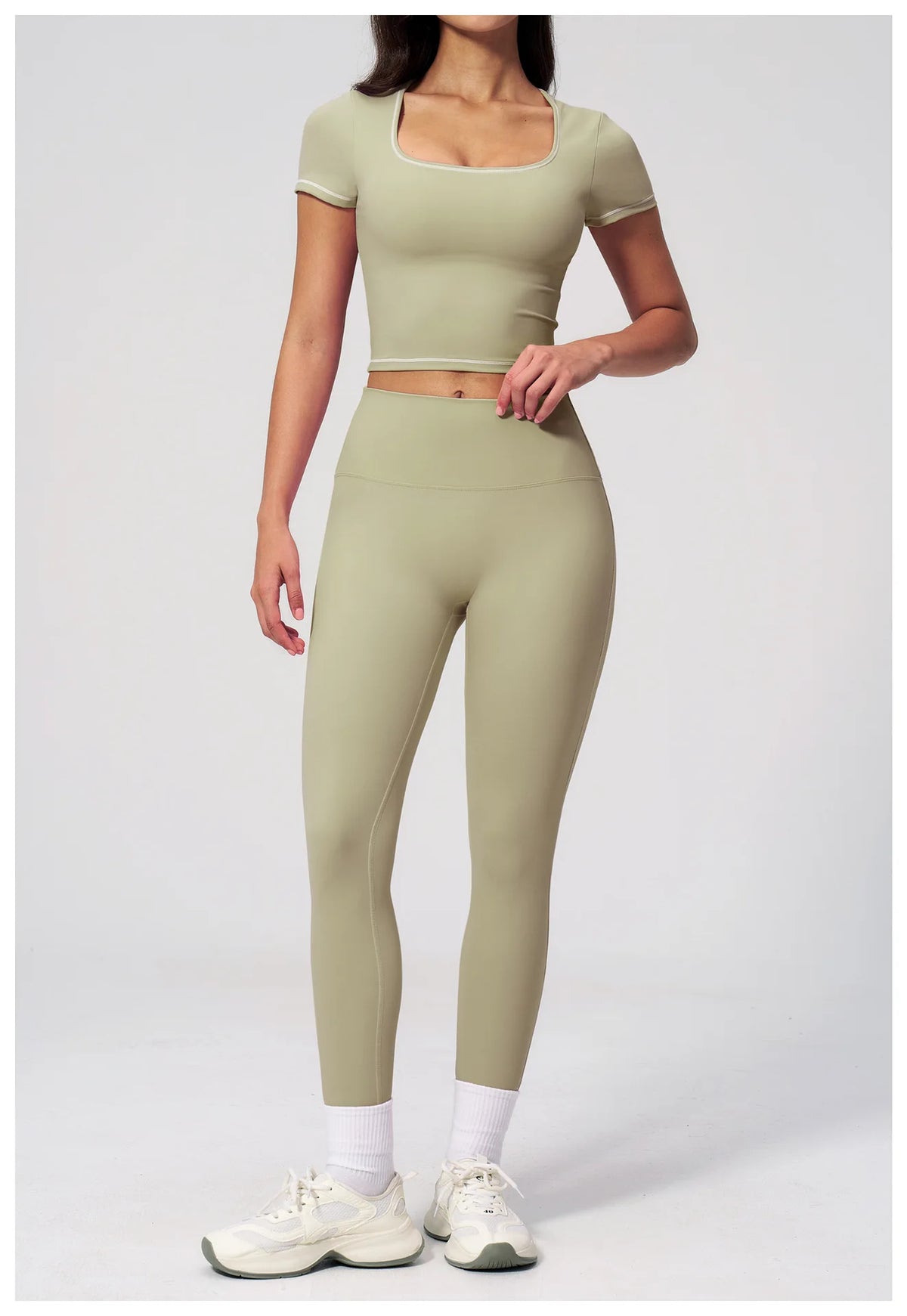 2PC Color Contrast Yoga Suit Women Short Sleeve Square Collar Slim Sports Top Fitness Suits Outdoor Exercise Leggings Tracksuit