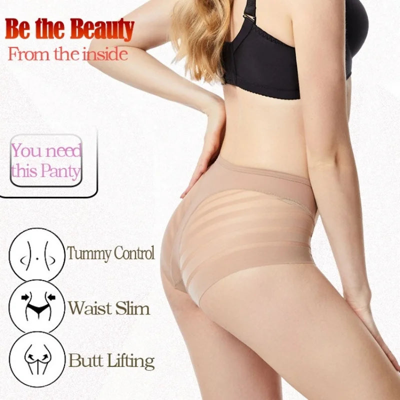 3Pcs/Set Shapewear Women Mid-Rise Shaping Briefs with Mesh Striped Back Plus Size Slimming Underwear Comfort Wear Panties M-3XL