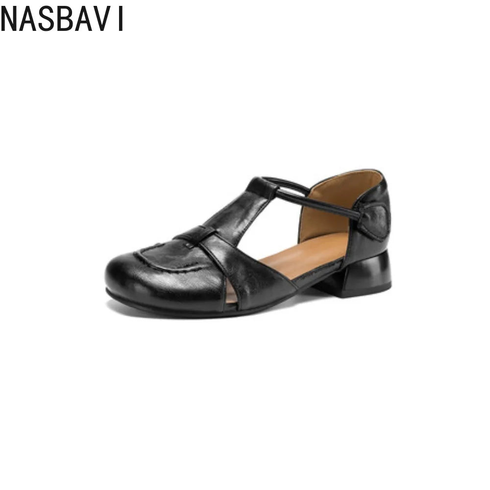 French Slip-on Single Shoes Retro British Shoes for Women Brown T-Strap Shallow Flat Sandals Soft Leather RomeSummer New 32-43