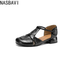 French Slip-on Single Shoes Retro British Shoes for Women Brown T-Strap Shallow Flat Sandals Soft Leather RomeSummer New 32-43