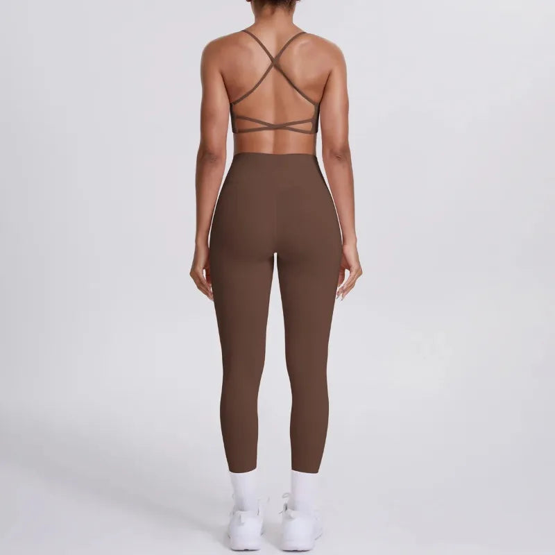 Women's Seamless Yoga Set Cross Back Sports Bra & High Waist Booty Lifting Yoga Leggings Gym Running Fitness Workout Outfit