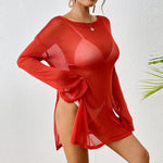Sexy Long Sleeve See Through TopMesh Sheer Tunic Beach Cover Up Cover-ups Beach Dress Beach Wear Beachwear Female Women V3557