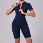 Summer Zipper Short Sleeve Yoga Jumpsuit Women Outerwear Sports Fitness Hip-lifting Backless One-piece Workout Gym Tracksutis