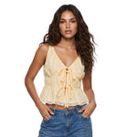Women's Summer Solid Color Tank Tops Fashionable Lace Trim Sleeveless V Neck Tie Front Ruffled Peplum Vest