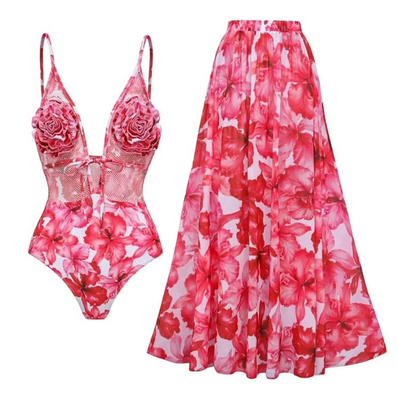 3D Flower One Piece Swimsuit and Skirt 2025 Sexy Swimwear Women Push Up Bodysuit Monokini Swim Suit Bathing Suit Beachwear