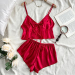Stain Ice Silk Pajamas Set for Women Spaghetti Straps V Neck Crop Tops and Shorts 2-Pieces Sleepwear Loungewear for Home