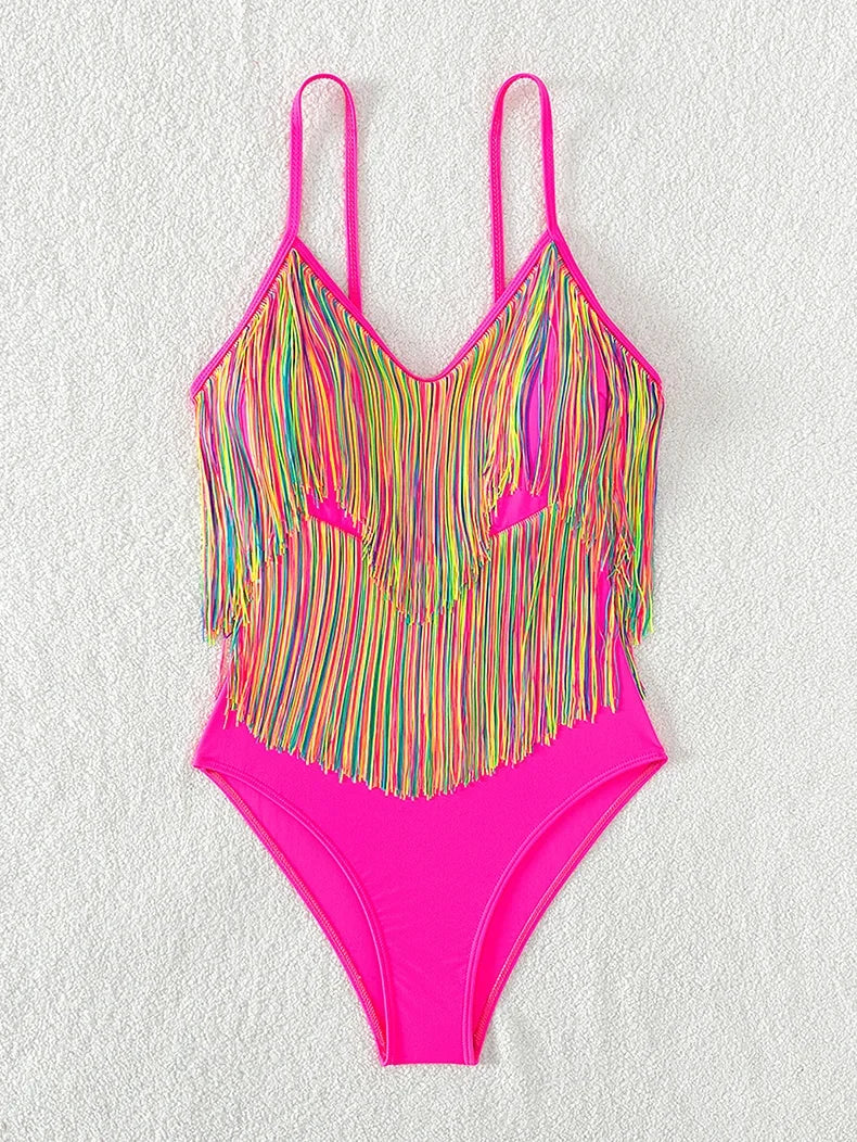 Colorful Tassel One Piece Swimsuit Women Sexy Hot Pink Push Up Tummy Control Swimwear Beach Backless Bathing Suit Monokini 2024