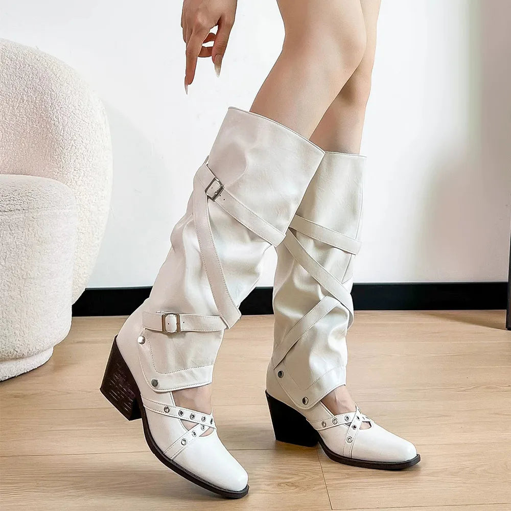 Vintage Y2k Slouchy Knee High Western Boots Women Chunky Block Heel Summer Cowboy Knee High Boots Motorcycle Boots Shoes