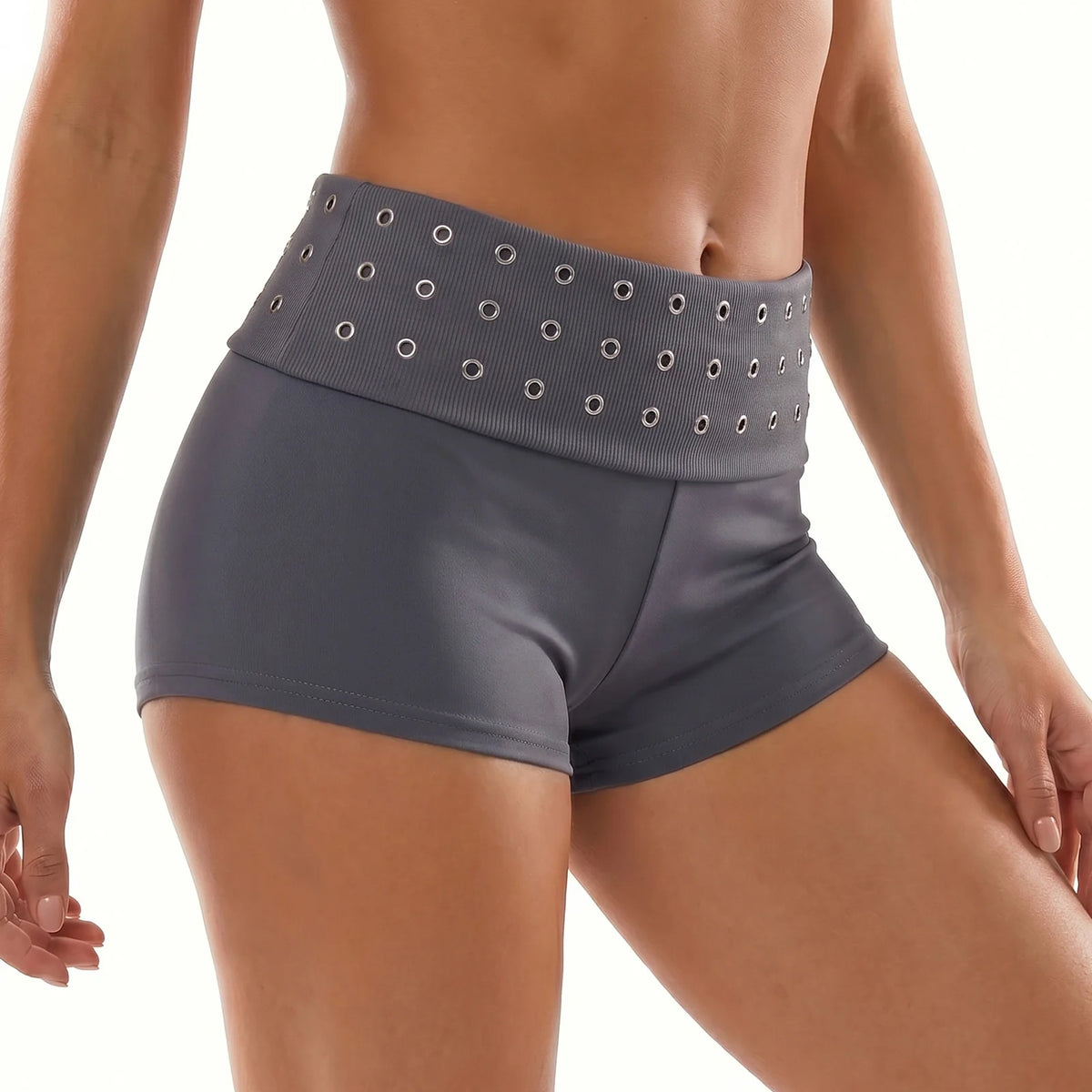Womens Fold Over Shorts Stylish Rivet Design Low Rise Bodycon Slim Fit Summer Shorts Casual Daily Fashion Streetwear