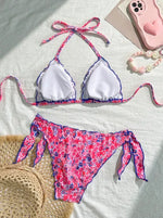 Women Cute Bikini Set 2025 New Summer Orange Floral Print Halter Ruffles Push Up Tie Side Thong Swimsuit Bathing Suit