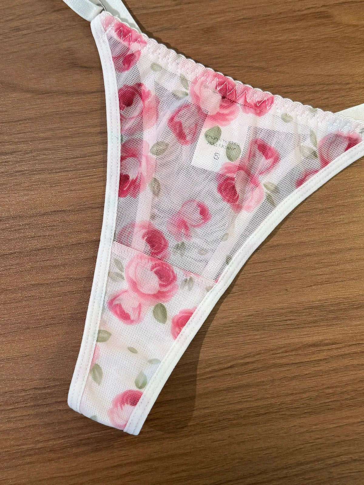 French Romantic Pink Rose Print Sheer Mesh Lingerie Set Heart Cutout Underwire Bra & Thong