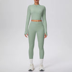 New Women Yoga Set Solid Color Double-Sided Brushed Bare Feel Short Long-Sleeve Jacket Tight Pants Running Fitness 2-Piece Set