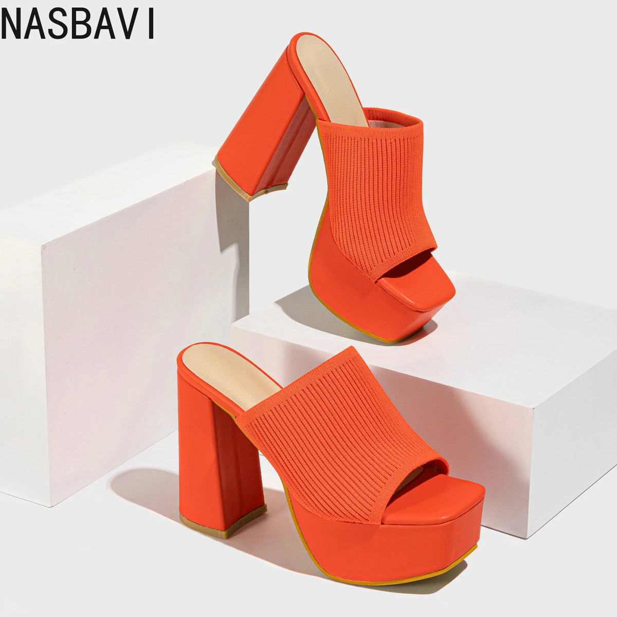 NASBAVI Summer Knitting Yarn Pleated Platform Rome Shallow Thick Bottom Peep Toe Thin Heels Women Sandals Slip-On Party Shoes
