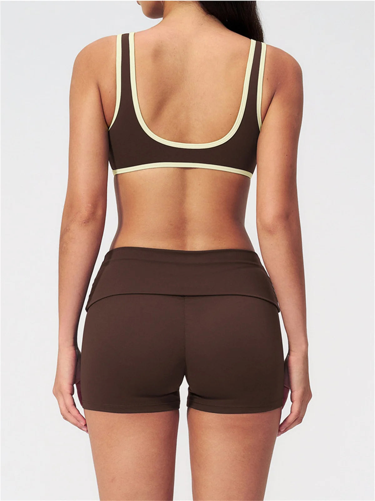 Tight Color Contrast Yoga Suit 2 Pieces Women V Neck Sports Bra Pleate High Waist Shorts Gym Running Fitness Suits Tracksuit