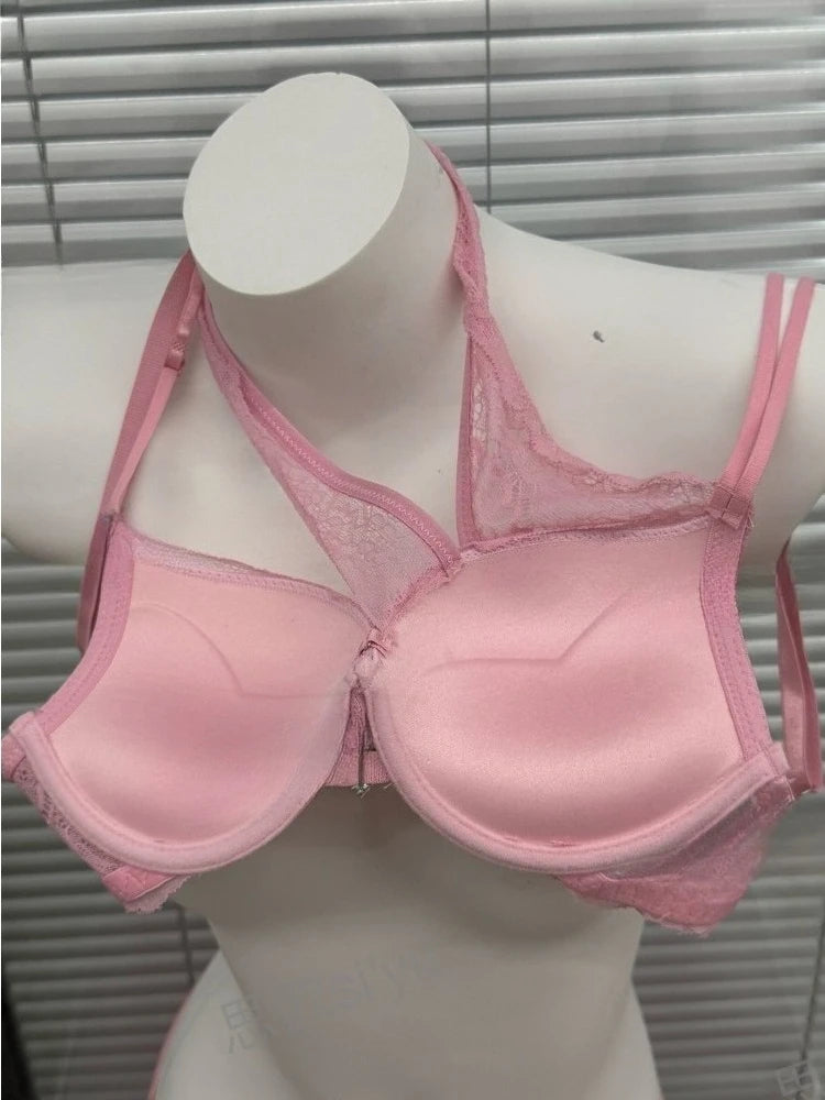 French Style Pure Desire Lingerie Set 3cm Thick Padded Cup Pink Diagonal Strap Nightclub Wear Sexy Bra Panty Set 32-38AB Canada