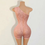 Sexy Jacquard Lace See Through Playsuits Women Hipster Oblique Shoulder Sleeveless Skinny Rompers Midnight Party Clubwear