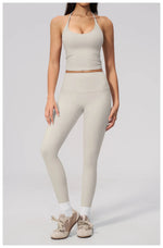 Women Tracksuit 2PCS Seamless Yoga Sets Hanging V Neck Slim Sports Tank Top Fitness Outfits Gym Running High Waist Leggings Suit